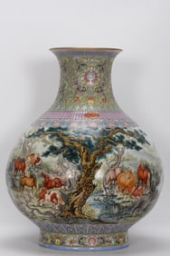 QING DYNASTY ENAMEL PAINTED HUNDRED HORSE VASE