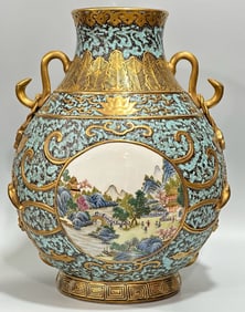 QING DYNASTY BRONZE PAINTED WITH GOLD WINDOW LANDSCAPE PAVILION FIGURE VASE