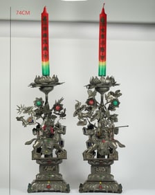 QING DYNASTY PEWTER CANDLESTICK WITH FIGURES