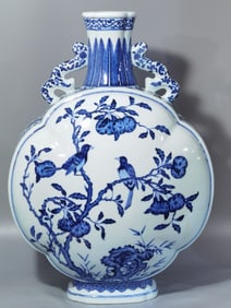 QING DYNASTY BLUE AND WHITE DOUBLE-EARED FLAT VASE WITH HAPPINESS ON THE BRANCHES