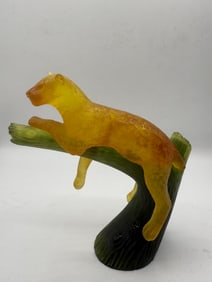 Daum France Pate-De-Verre "Panther In Tree" Glass Sculpture