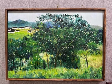 WU GUANZHONG'S OIL PAINTING OF SPRING IN A MOUNTAIN VILLAGE