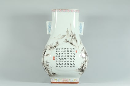 QING DYNASTY INK AND COLOR LANDSCAPE POEM VASE WITH HANDLES
