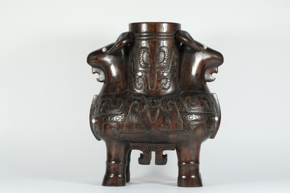 QING DYNASTY AGARWOOD RAM INLAID WITH PEARLS