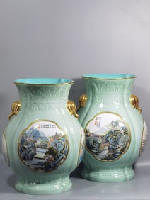 QING DYNASTY CELADON ENAMEL ELEPHANT-EAR VASE