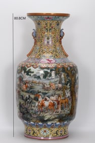 QING DYNASTY ENAMEL-PAINTED HUNDRED HORSES VASE