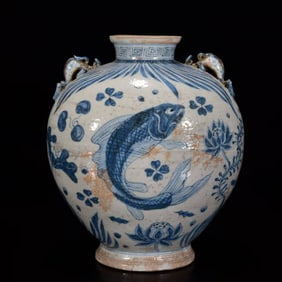YUAN DYNASTY BLUE AND WHITE FISH BATH JAR