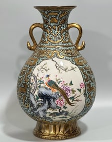 QING DYNASTY BRONZE-GLAZED OPENWORK FLOWER AND BIRD VASE