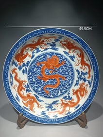 QING DYNASTY BLUE AND WHITE DRAGON PLATE