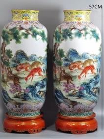 QING DYNASTY FAMILLE ROSE PINE AND DEER LANTERN VASE