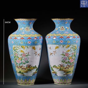 QING DYNASTY COPPER-BODIED PAINTED ENAMEL WILD GOOSE VASE