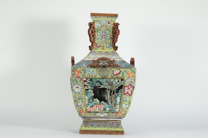 QING DYNASTY CLOISONN? ENAMEL OPENWORK SQUARE VASE WITH LOTUS SCROLL DESIGN