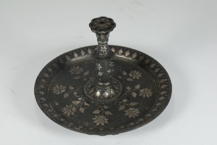 QING DYNASTY IRON-INLAID SILVER CANDLESTICK