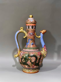 QING DYNASTY RED PHOENIX TAIL GRASSLAND DRAGON GILDED WINE POT