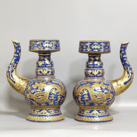 QING DYNASTY BLUE GLAZED GILDED SPRINKLER POT