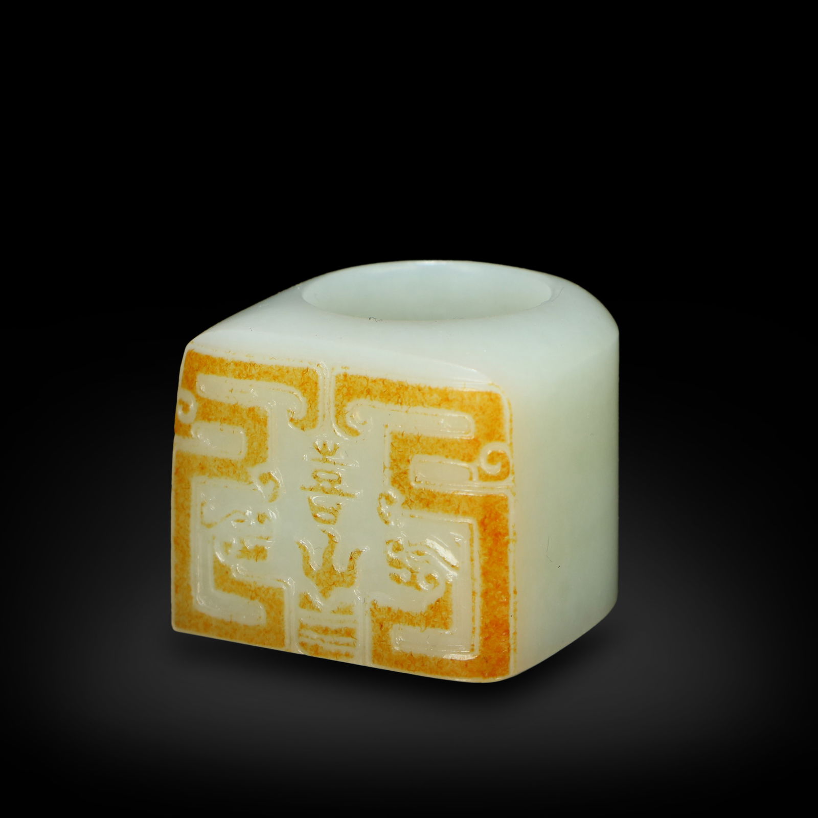 Qing Dynasty Hetian white jade thumb ring carved with double dragons and "happiness" characters