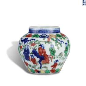Ming Dynasty Wanli period Small blue-and-white wucai jar with figure-story