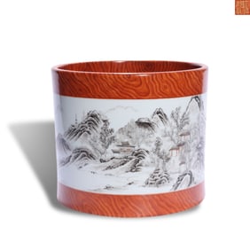 Yongzheng period Qing Dynasty Brush pot with wood-grain imitation glaze and ink-color landscape