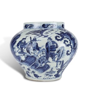 Yuan Dynasty Blue-and-white jar with "Yu Chigong Rescuing the Lord with a Single Whip"