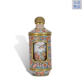 Qing Dynasty Qianlong period, Enamel-on-copper revolving-heart snuff bottle with flower and bird