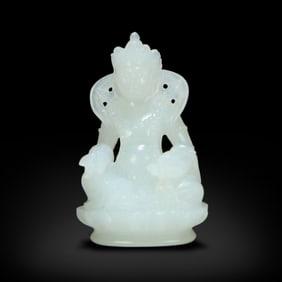 Qing Dynasty, White jade portable statue of Yellow Jambhala
