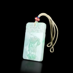 Qing Dynasty Jadeite plaque carved with Liu Hai Playing with a Golden Toad and Crane Holding Lingzhi