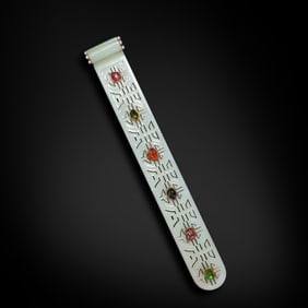 Qing Dynasty White jade hairpin with openwork longevity characters, inlaid with tourmaline