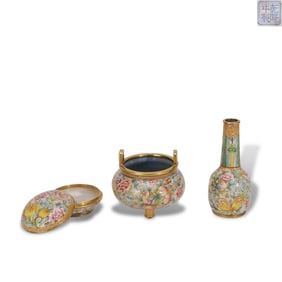 Qing Dynasty Qianlong period, A set of three enamel-on-copper ritual vessels with "three