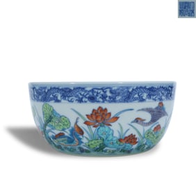 Daoguang period Qing Dynasty Doucai lying-foot bowl with mandarin ducks in a lotus pond