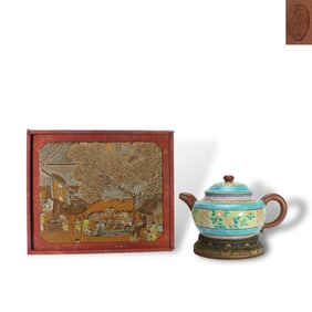 Qing Dynasty Purple clay teapot with additional colored flower patterns made by Shao Daheng