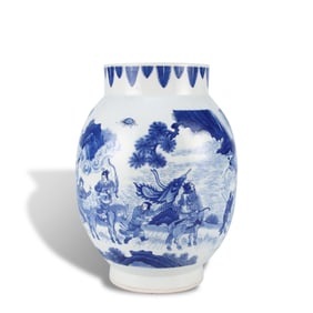Ming Dynasty Chongzhen period Blue-and-white lotus seed jar with "Li Cunxiao Fighting a Tiger"