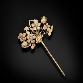 Ming Dynasty Gilt hairpin inlaid with gemstones, decorated with pomegranate, flower, and bird