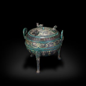 Warring States Period Bronze three-legged covered ding tripod with gold-silver inlay and