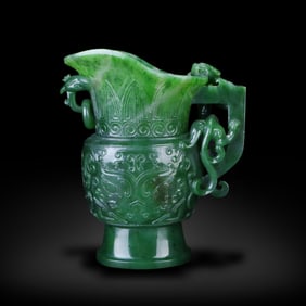 Qing Dynasty: Hetian green jade gong carved with chi-dragon and beast mask patterns