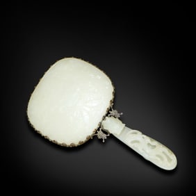 Qing Dynasty Bronze-handled hand mirror with Hetian white jade dragon hook and jade-inlaid "tile"