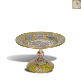 Qing Dynasty Qianlong period, Enamel-on-copper offering plate with flower and bird patterns