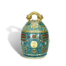 Qianlong period Qing Dynasty Gilt-copper bell with Bagua motifs and interlaced dragon knobs