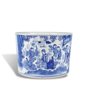 Ming Dynasty Chongzhen period Blue-and-white brush pot with scholar figures