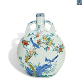 Qing Dynasty Yongzheng period, Doucai flat vase with added famille rose, "peace and joy", and