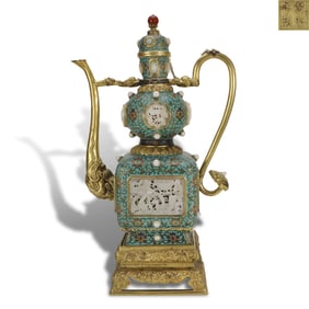 Qing Dynasty Qianlong period, Cloisonn?? ewer inlaid with jade, decorated with "continuous success"