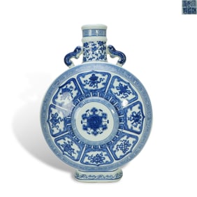 Qing Dynasty Qianlong period, Blue-and-white moon-flask with double chi-dragon ears and Eight