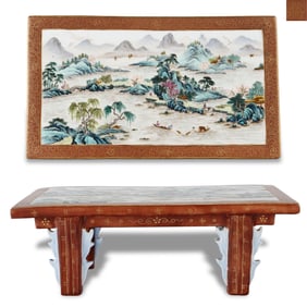 Qing Dynasty Qianlong period, Famille rose ink rest with landscape and figure patterns