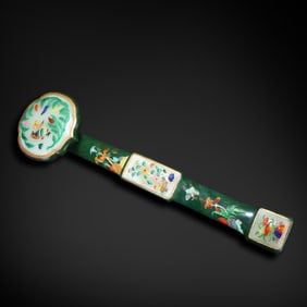 Qing Dynasty Hetian white jade ruyi scepter inlaid with various treasures, decorated with flower and