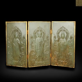 Qing Dynasty Qianlong period, Jade book with Buddha statues and imperial handwriting scriptures