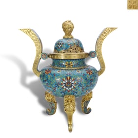 Qing Dynasty Qianlong period, Cloisonn?? three-legged incense burner with court crown-shaped ears