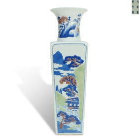 Qing Dynasty Kangxi period, Underglaze three-color vase with "round top and square base" shape,