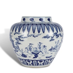 Ming Dynasty Chenghua period, Blue-and-white jar with "Six Hermits of Zhuxi" gathering patterns