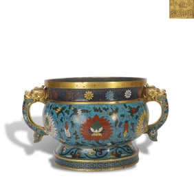 Ming Dynasty Xuande period, Cloisonn?? beast-ear censer with interlocking lotus patterns