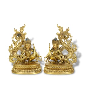 Qing Dynasty Pair of gilt-copper statues of Mahamayuri