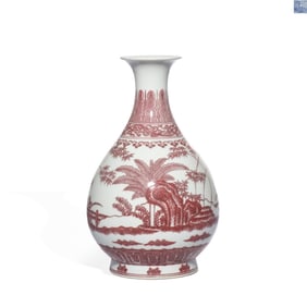Qing Dynasty, Qianlong period, red glaze bamboo, rock, and banana leaf pattern jade-hued spring vase